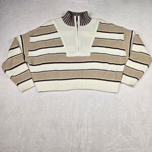 Creaman‎ White Cream Brown Striped 1/4 Zip Knit Medium Sweater Cropped